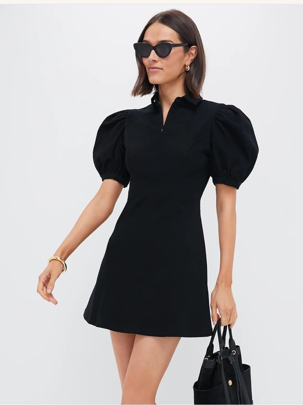 Hyacinth House Black Zip Front Puff Sleeve Denim Mini Dress